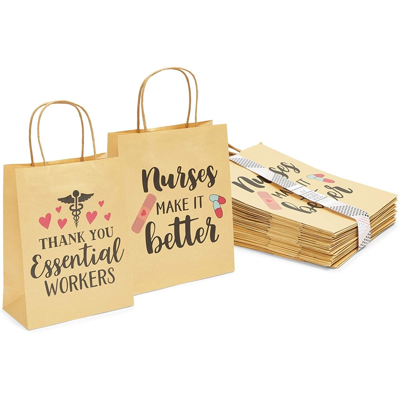 24-Pack Nurse Gift Bags for Appreciation Gifts Medium Kraft Paper (8 x 10 in)